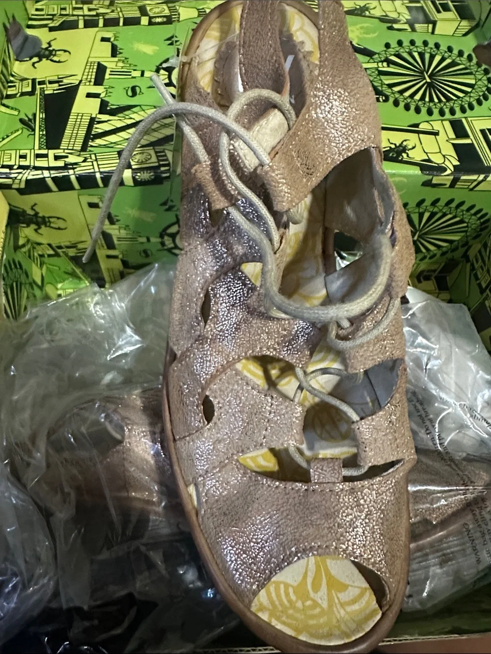 Fly London Metallic Rose Gold Wedge Sandals